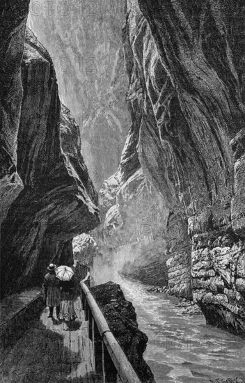 Mountain scene from the 19th century in Switzerland, hikers in a gorge, Alps, digital reproduction of a historical model