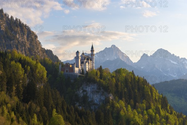 Fairytale castle nestled in a picturesque mountain landscape, Neuschwanstein, Schwangau near Füssen, Ostallgäu district, Swabia, Bavaria, Germany