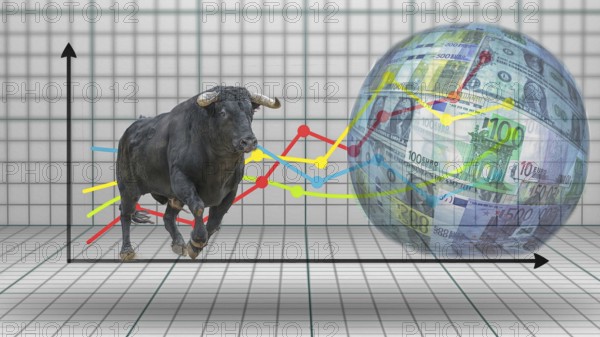 Symbol photo, bull as a sign of upswing, financial economy, stock markets, rise, banks, money flows, money growth, euro policy, inflation, stagnation, international capital market, currency, ECB, euro, euro upswing, interest rates, company start-ups, unicorns, European Community, global economy, Germany