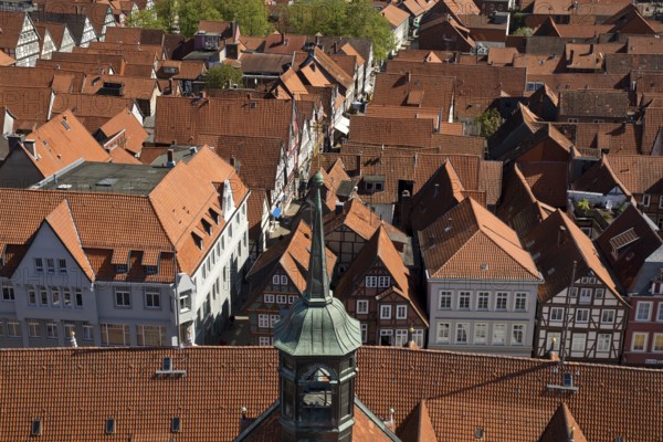 View from the town church tower over the roofs of the historic old town with its four hundred half-timbered houses, Celle, Lower Saxony, Germany