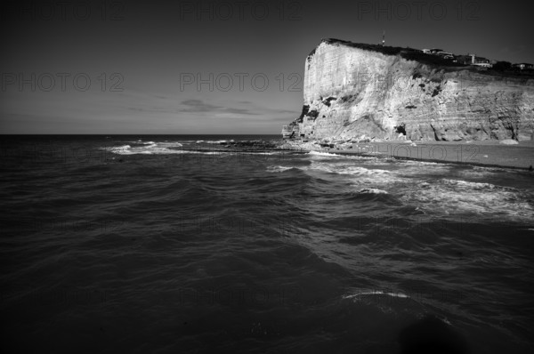 Pointe Fagnet, headland, mountain saddle Trou au Chien, sea, sky, black and white, Fécamp, Alabaster Coast, La Côte d'Albâtre, Normandy, Seine-Maritime, France