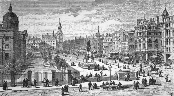 The Royal Infirmary and Piccadilly of the Queen's Hotel, Manchester, c. 1870, Lancashire, England, digital reproduction of a historical model