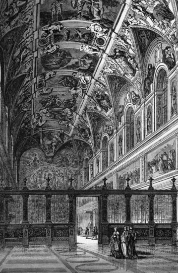 An early view of the Sistine Chapel in the Vatican, Rome, Italy, digital reproduction of a historical model