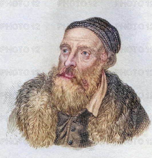 Titian, Tiziano Vecellio, (born around 1488 to 1490 in Pieve di Cadore near Belluno, then county of Cadore, died 27 August 1576 in Venice) is considered the leading representative of 16th century Venetian painting and one of the main masters of the Italian High Renaissance, coloured woodcut from Crabbe's Historical Dictionary from 1825, Historical, digital reproduction