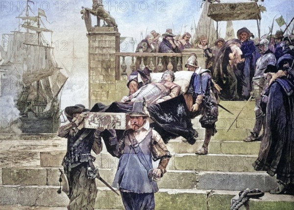 The embarkation of Gustav Adolf's body in the harbour of Wolgast on 15.7.1633, coloured wood engraving, reproduction from a model from ca 1888, historical, prisoners are brought to a sailing ship by soldiers at a harbour