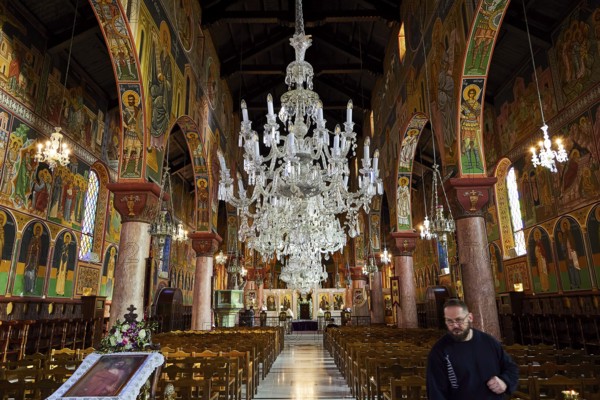 View of the nave with a magnificent chandelier and ornate murals, Church of the Annunciation of the Blessed Virgin Mary, Rhodes Town, Greece, Orthodox Church, Dodecanese, Greek Islands, Rhodes Town, Holy Week, Rhodes