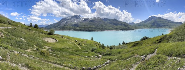 Panoramic view of Jardin Alpin in the foreground, Lac du Mont Cenis reservoir behind, Mont Cenis massif, Massif du Mont-Cenis, Graian Alps, Lanslebourg, Rhone-Alpes, France