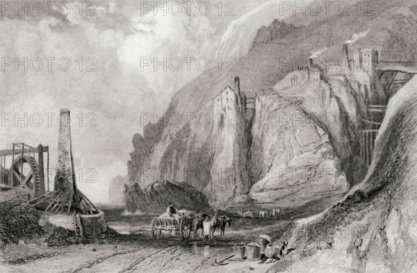 Botallack mine, Cornwall, England in the 19th century. From the Cyclopaedia of Useful Arts and Manufactures by Charles Tomlinson, digital reproduction of a historical model