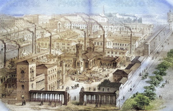 Borsig's Eisengiesserei und Lokomotivenbauanstalt am Oranienburger Tor in Berlin, Germany, coloured wood engraving, reproduction from a model from ca 1888, Historical, A factory in a city with numerous chimneys from which smoke rises
