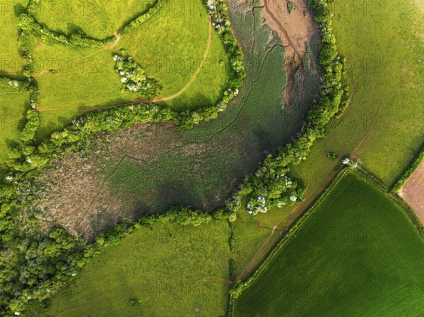 Top Down over Marshes over River Dart from a drone, Stoke Gabriel, Totnes, Devon, England, United Kingdom