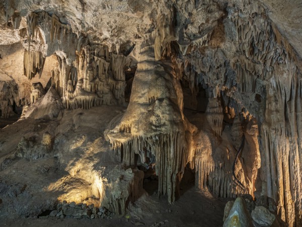Cueva de Nerja, illuminated cave, large stalagmites and stalagtites, Nerja, Andalusia, Spain