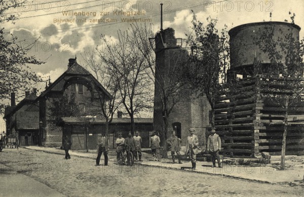 Historical postcard, picture postcard, Willenberg during the war, railway station with destroyed water tower, East Prussia, digitally enhanced reproduction of an original from around 1900, picture postcard