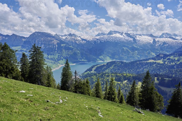 View of the snow-covered Alps and Lake Wägital, Canton Schwyz, Switzerland