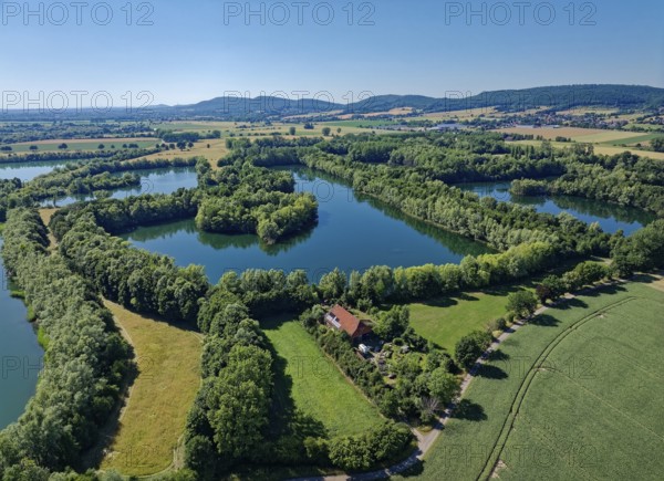 Landscape around the Weser lowlands near Großenwieden, aerial view. Hessisch Oldendorf, Lower Saxony, Germany