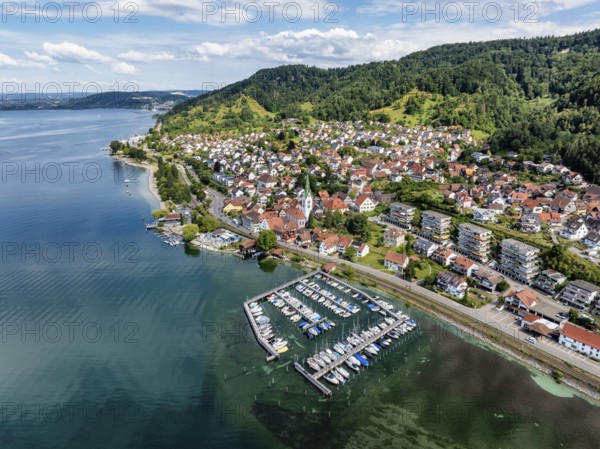 Luftbild von der Ortschaft Sipplingen am Bodensee bei sommerlicher Vegetation, gegenüber der Bodanrück, Bodenseekreis Baden-Württemberg, Deutschland