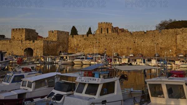 Rhodes town wall, morning light, boats in the harbour in front of a medieval stone wall in the warm evening light, harbour area, Rhodes town, Rhodes, Dodecanese, Greek Islands, Greece