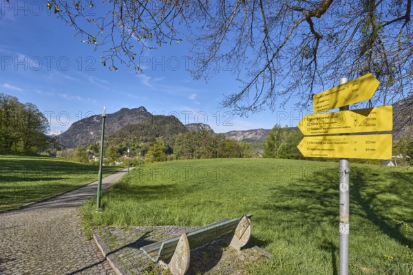 Mountain landscape, mountains, hills, bench, footpath, cobblestones, trees, lawn, signpost to Bayerisch Gmain, Großgmain, Marzoll, Bad Reichenhall, Kibling, fairground, Kirchberg and Karlstein, blue sky, cirrostratus clouds, Pfannhauserweg, Bad Reichenhall, district Berchtesgadener Land, Bavaria, Germany