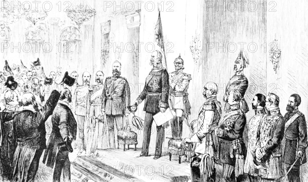 Opening of the Reichstag 1971 by Prussian King Wilhelm I, House of Hohenzollern, delegates waving with top hats, cheering, Prince von Bismarck, officers, parliament of the German Empire. constitutional monarchy, Prussia, historical illustration 1884