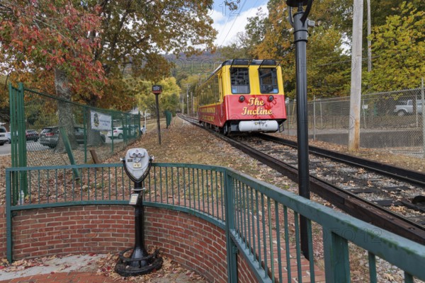 2020 model railcar of the Lookout Mountain Incline Railway near the lower station in Chattanooga, Tennessee, USA