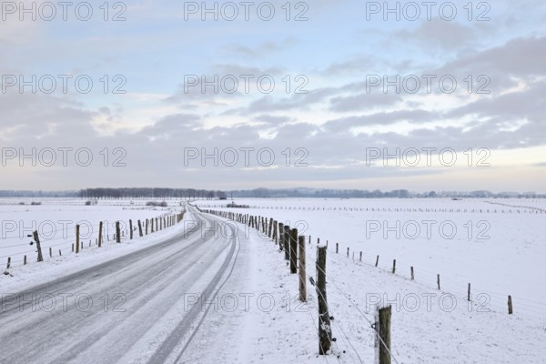 Winter in North Rhine-Westphalia... Bislicher Insel, Lower Rhine, view over the nature reserve covered with snow and ice and the surrounding meadows and pastures, typical wide open Westphalian landscape, North Rhine-Westphalia, North Rhine-Westphalia, Germany
