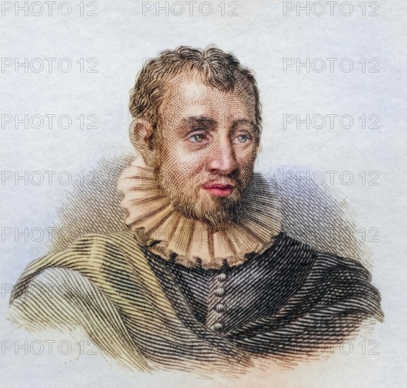 Agostino Carracci, (born 16 August 1557 in Bologna, died 22 March 1602 in Parma) was an Italian painter and engraver, coloured woodcut from Crabbe's Historical Dictionary from 1825, Historical, digital reproduction