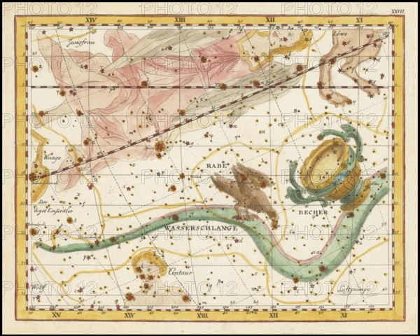 Zodiac sign raven, water snake and cup, star chart, universe, astrology, horoscope, after Johann Elert Bode (19 January 1747 to 23 November 1826), Prussian astronomer
