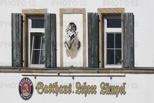 Mural with Teacher Lämpel from children's stories by Max and Moritz by Wilhelm bush, humour, comedy, pointing finger, two windows, house wall, painting, Teacher Lämpel Inn, Max und Moritz-Platz, Bornheim, Südliche Weinstraße, Rhineland-Palatinate, Germany