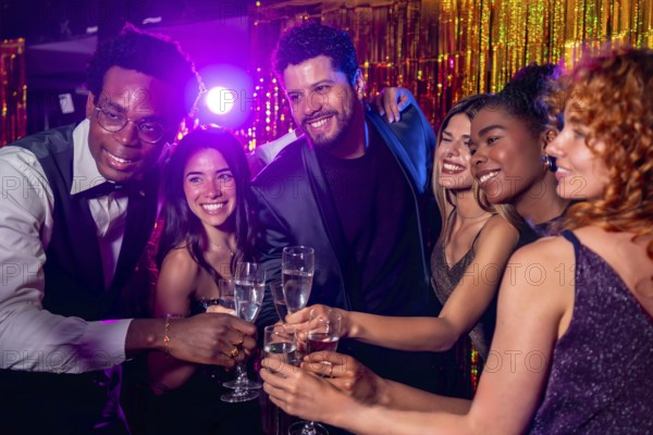 Happy multi ethnic friends celebrating new year's eve, toasting with champagne flutes at a glamorous party