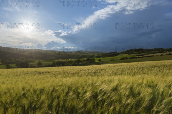 Dramatic cloudy sky with approaching storm and last sunbeams, Frankenhain, dark cloud wall, cumulonimbus and cumulus clouds, sunbeams, thunderstorm in the lift, low mountain landscape, agriculture, forest, grain field, backlight shot, municipality of Berkatal, Werra-Meissner-Kreis, Hesse, Germany