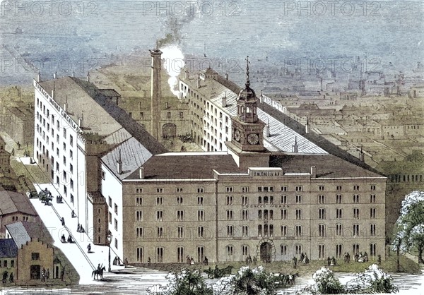 G. W. Gail & Ax's Tobacco Works Baltimore, tobacco factory, Gail'sche Zigarrenfabrik, also Georg Philipp Gail A.G., coloured woodcut from 1864, urban depiction of a large factory building with a smoking chimney