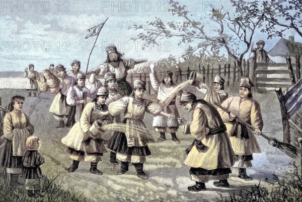 Hals, Nicor, Nixie or Nokken are driven away in front of the first bath in the river, a custom in the Ukraine, illustration from 1894, reproduction, digitally enhanced, historical