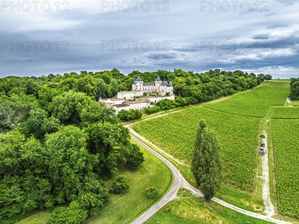 Castle of La Riviere, Vineyard Chateau de La Riviere from a drone, Bordeaux, France