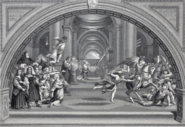 The Expulsion of Heliodorus from the Temple, Room of Heliodorus, steel engraving after a painting by Raphael, Vatican, Historical, digitally restored reproduction of a 19th century original