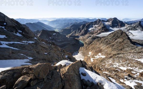 Panoramic view Mountain panorama into the Ridnaun valley, ascent to the Wilder Freiger, summit of the Becher with Becherhaus behind, picturesque high mountain landscape, view of the Übeltalferner glacier and rocky mountain peaks Königshofspitz, Stubai Alps, South Tyrol, Italy