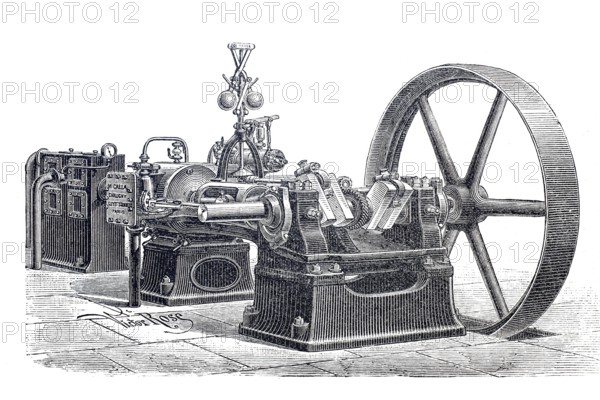Steam engine, compound engine by Chaligny and Gupot-Sionnest with condenser, around 1870, historical, digitally enhanced reproduction of a 19th century model