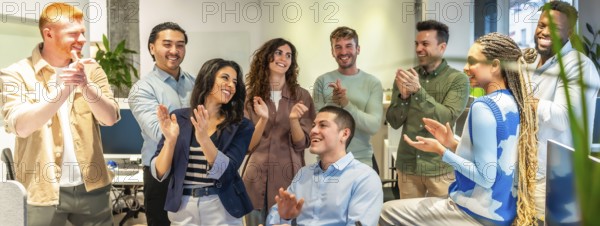 Happy colleagues clapping, celebrating a successful project or good news in a modern office