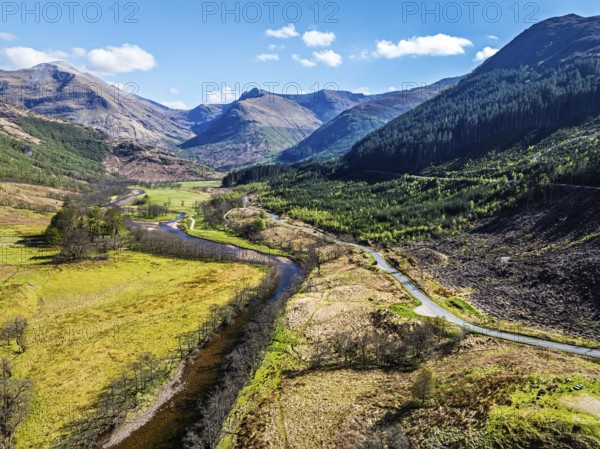 Glen Nevis Valley and River Navis from a drone, Fort William, Lochaber, Highland, Scotland, United Kingdom