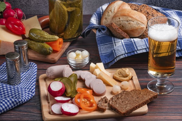 Rustic snack with sausage, cheese, beer, mustard, radishes and bread on a laid table