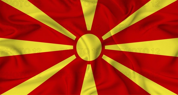 Realistic North Macedonia flag waving. Close up of flag of North Macedonia with cloth texture
