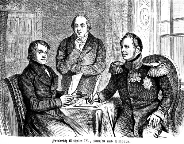 King Friedrich Wilhelm IV, Ambassador to the Holy See in Rome Karl Josias Freiherr von Bunsen, and Minister of Culture Eichhorn, Prussia, interior, sitting at the table, consultation, conversation, papers, portrait, historical illustration 1896