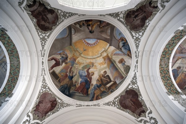 Ceiling painting, Jesus drives the merchants out of the temple, 1746, St Martin's Church, Biberach an der Riß, Baden-Württemberg, Germany
