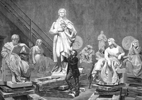 Reinhold Gottlieb August Theodor Begas (15 July 1831 - 3 August 1911), German sculptor of the Berlin School, here at work on the Schiller statue, 1871, Historical, Reproduction from a model with a scene from the 19th century