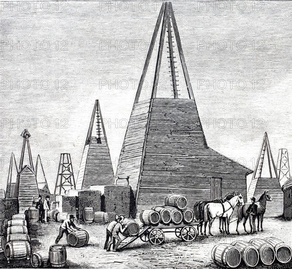 Petroleum wells in Oelheim, Ölheim, oil production, drilling tower with basins in front of it to collect the oil, around 1882, district of Peine, Lower Saxony, Germany, Historical, digitally enhanced reproduction of a 19th century original
