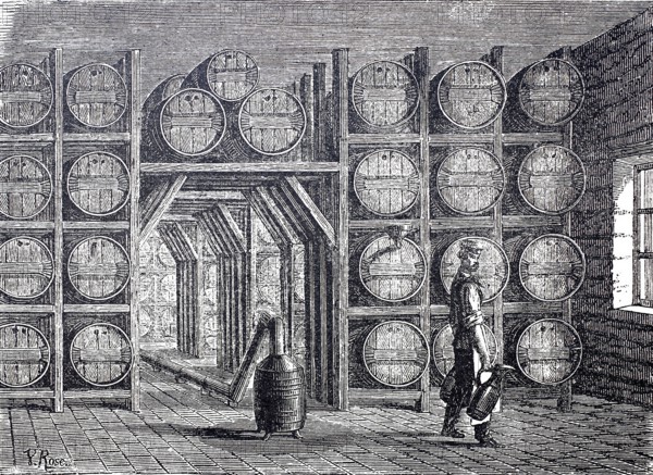 Vinegar production, fermentation room with barrels of vinegar, around 1870, digitally enhanced reproduction of a 19th century model, historical, exact date unknown