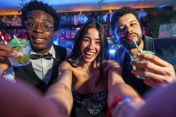 Cheerful friends capturing a joyful selfie while savoring colorful cocktails in a lively nightclub atmosphere filled with excitement