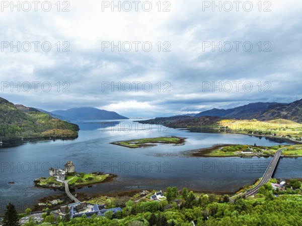 Eilean Donan Castle and Loch Duich from a drone, Isle of Skye, Highlands, Scotland, England, United Kingdom