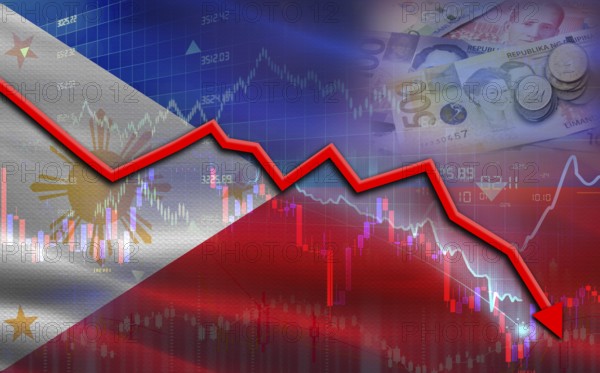 Philippines financial fall on economy market. Philippines financial crisis on economic graph