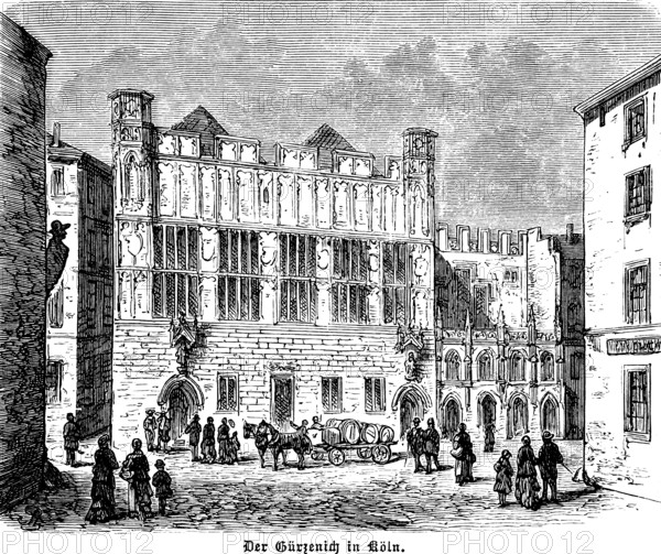 Facade of the Gürzenich festival hall, brewery wagon, barrels, horse-drawn carriage, strollers, Old Town Cologne, North Rhine-Westphalia, Germany, historical illustration 1896