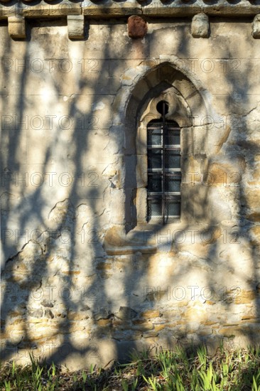 Shadows from surrounding trees create a striking pattern against a weathered stone wall featuring a small arched window of a church. The play of light adds depth and texture to the scene. France