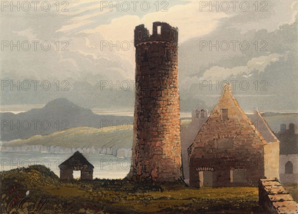 The round tower of Peel Castle, ruined castle in Peel on the British Isle of Man, originally built by the Vikings, around 1850, after a painting by Theodore Henry Adolphus Fielding, digitally enhanced reproduction, historical, exact date unknown